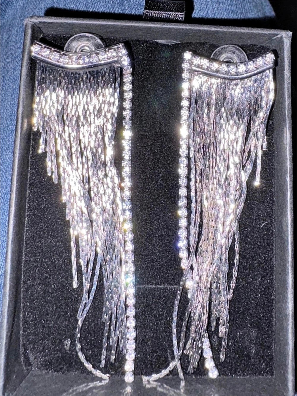Uncle J Brand Rhinestone Crystal Long Tassel Dangle Earrings Silver Fringe in Bo